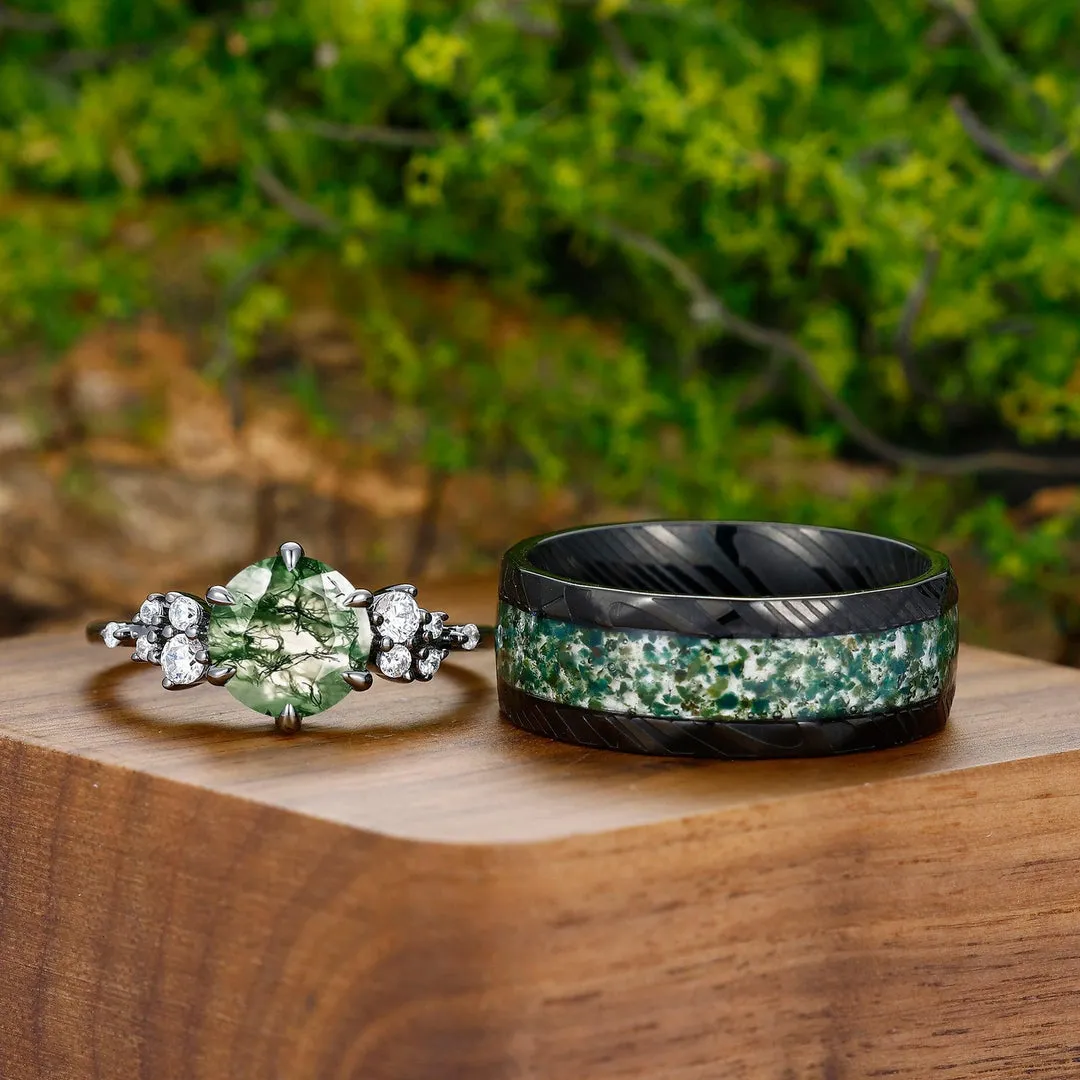 0.5CT Round Cut Natural Moss Agate Engagement His And Hers Wedding Ring