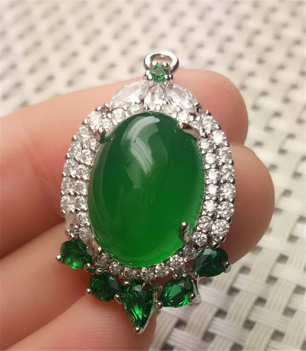 10% OFF- Certified Natural Emerald A*Jade Handcrafted Lucky Green Jade Oval Pendant-925 Sterling Silver A2951