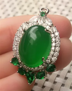 10% OFF- Certified Natural Emerald A*Jade Handcrafted Lucky Green Jade Oval Pendant-925 Sterling Silver A2951