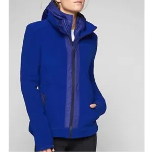 ATHLETA Power Peak Double Zip Jacket Blue Fleece HoodieDouble Zipper Size M.