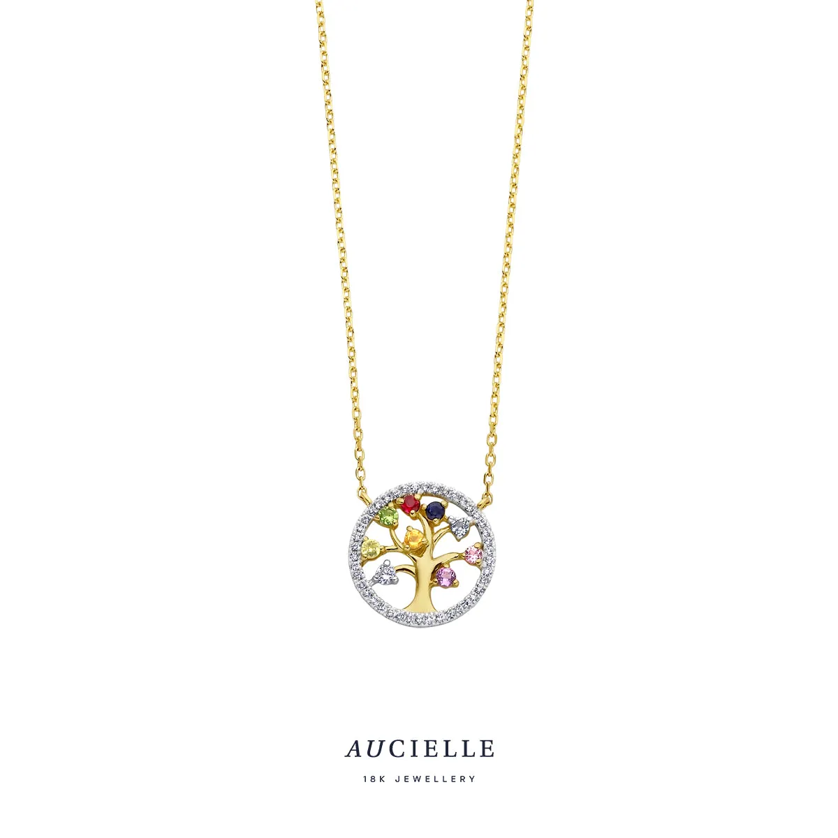 Aucielle - Collier - Arbre de vie, Or Jaune, Zircons multicolores et Diamant (AK0024D/45)