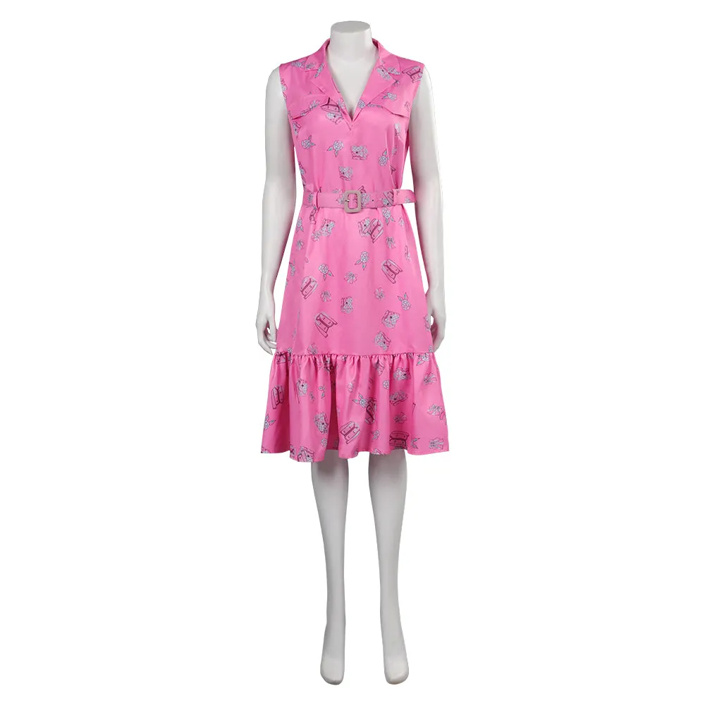 Barbie 2023 Original Design Pink Sleeveless Printed Dress Cosplay Costume Halloween Carnival Suit