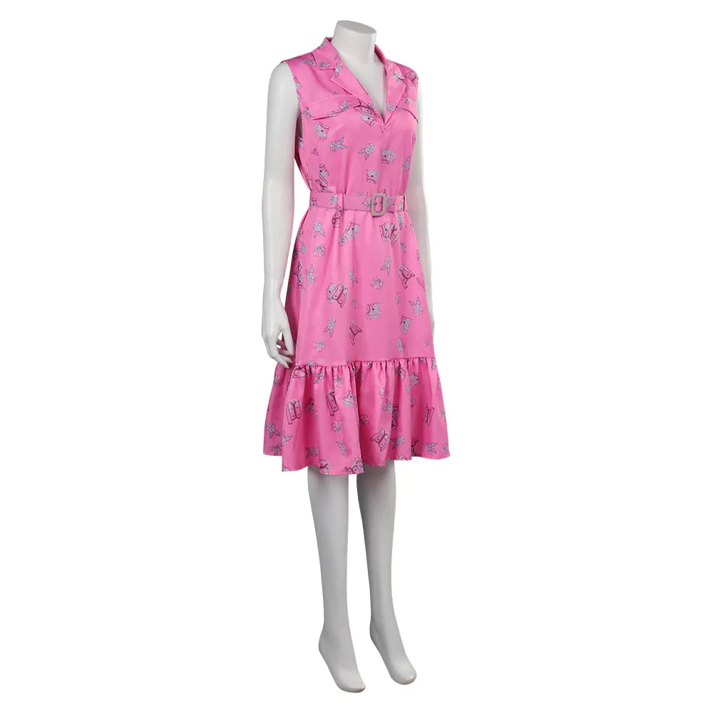 Barbie 2023 Original Design Pink Sleeveless Printed Dress Cosplay Costume Halloween Carnival Suit