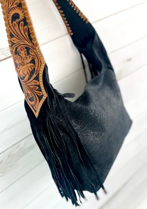 Black Canyon Suede Brocade Hobo Fringe Handbag