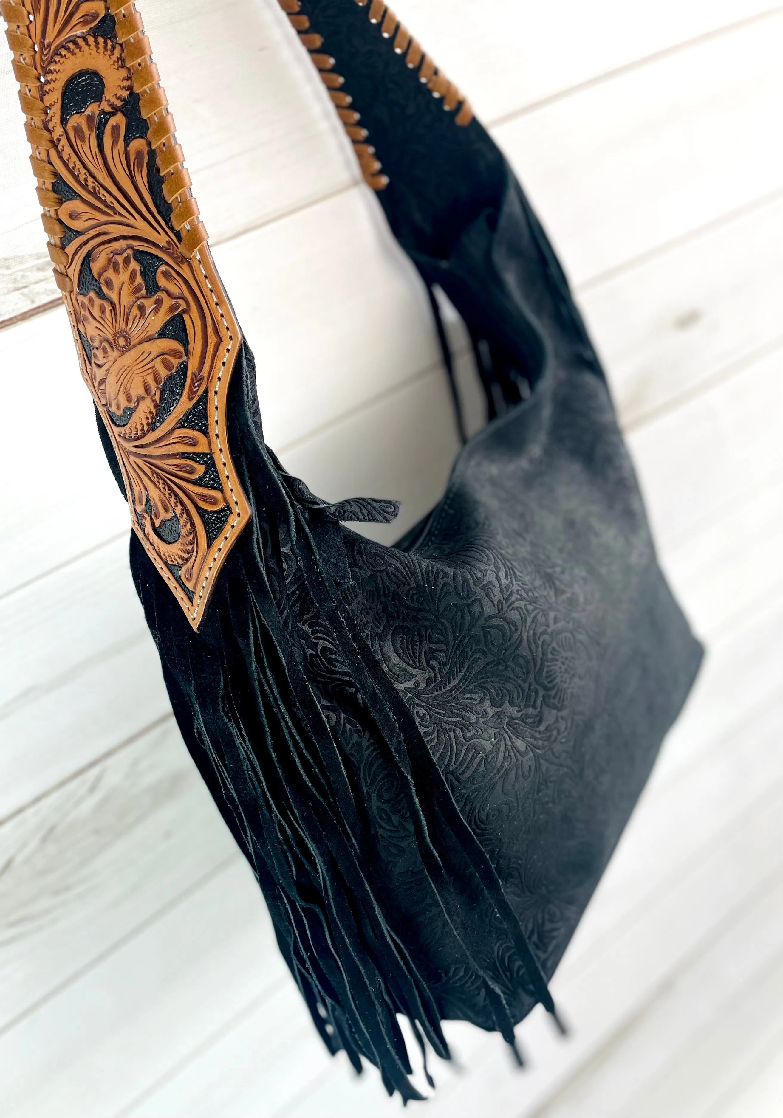 Black Canyon Suede Brocade Hobo Fringe Handbag