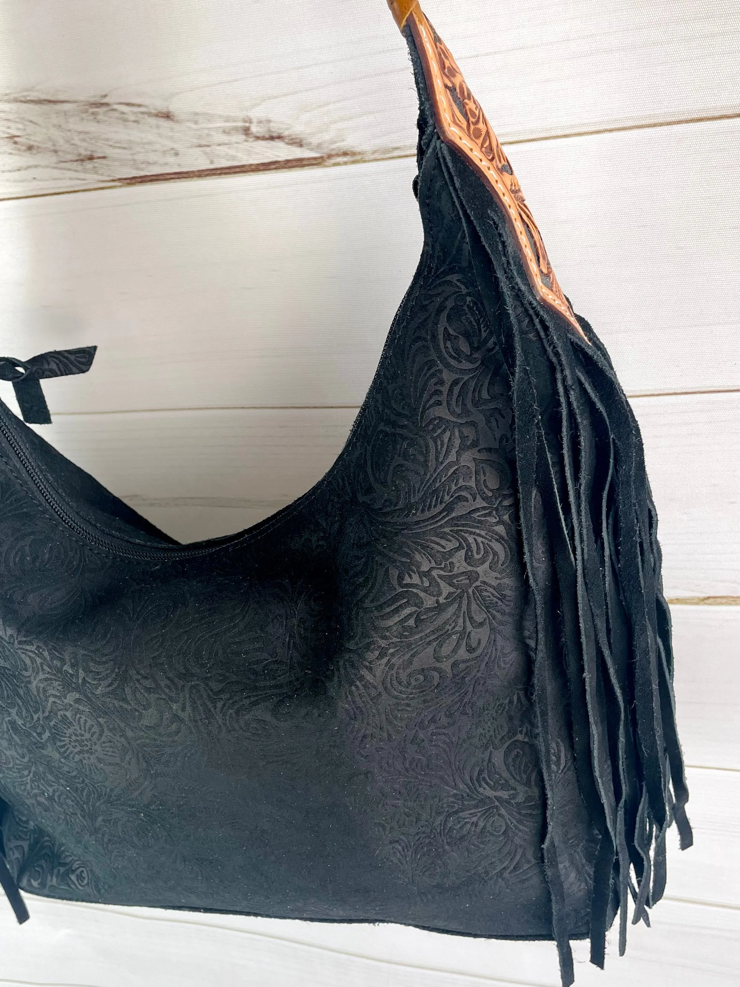 Black Canyon Suede Brocade Hobo Fringe Handbag