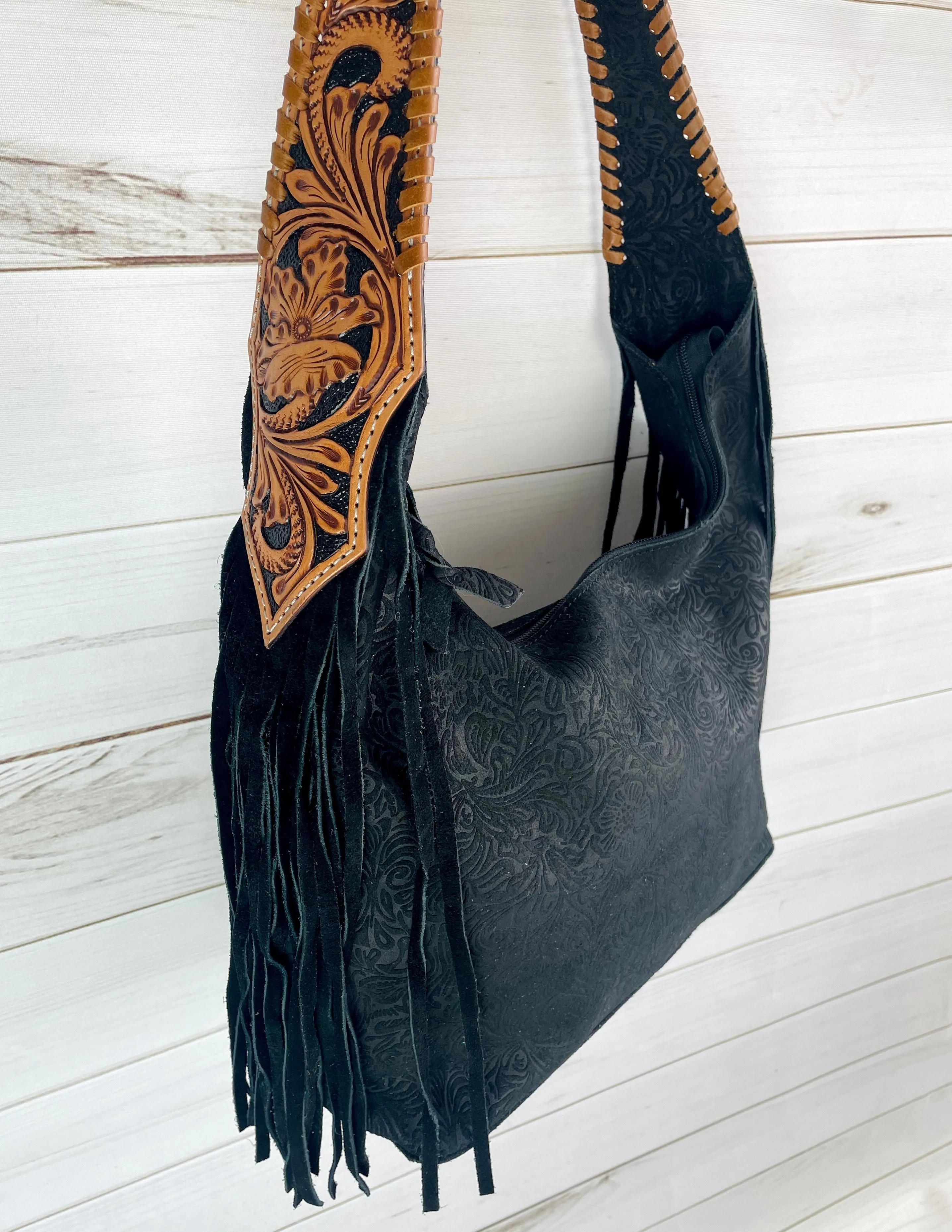 Black Canyon Suede Brocade Hobo Fringe Handbag