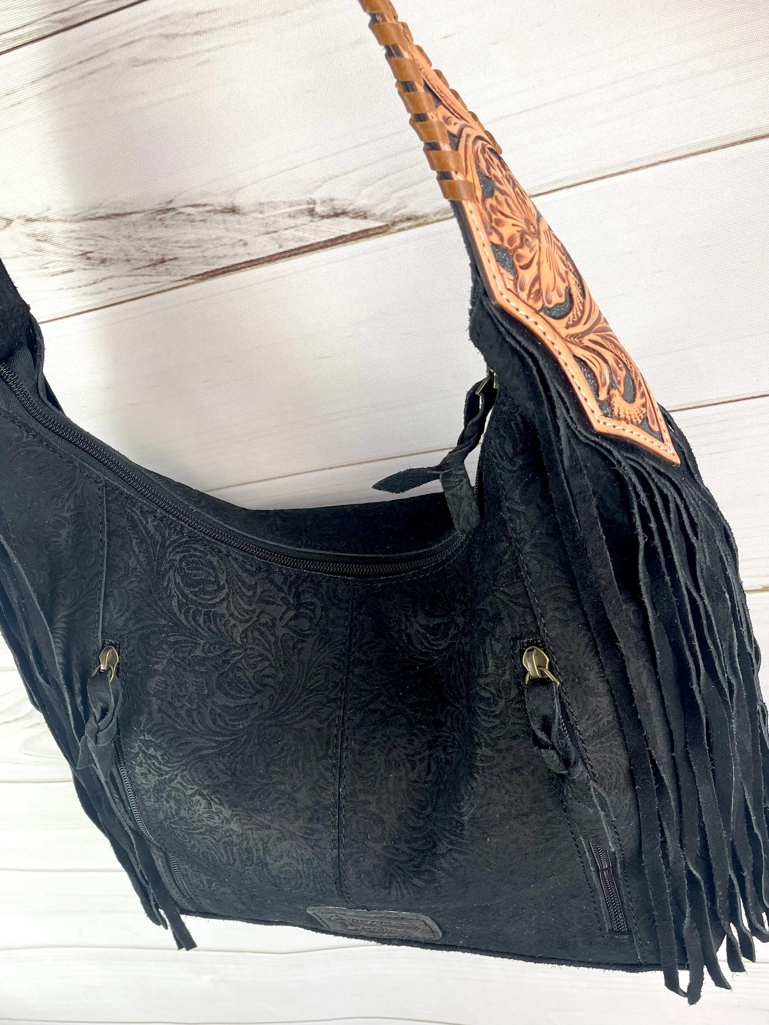 Black Canyon Suede Brocade Hobo Fringe Handbag