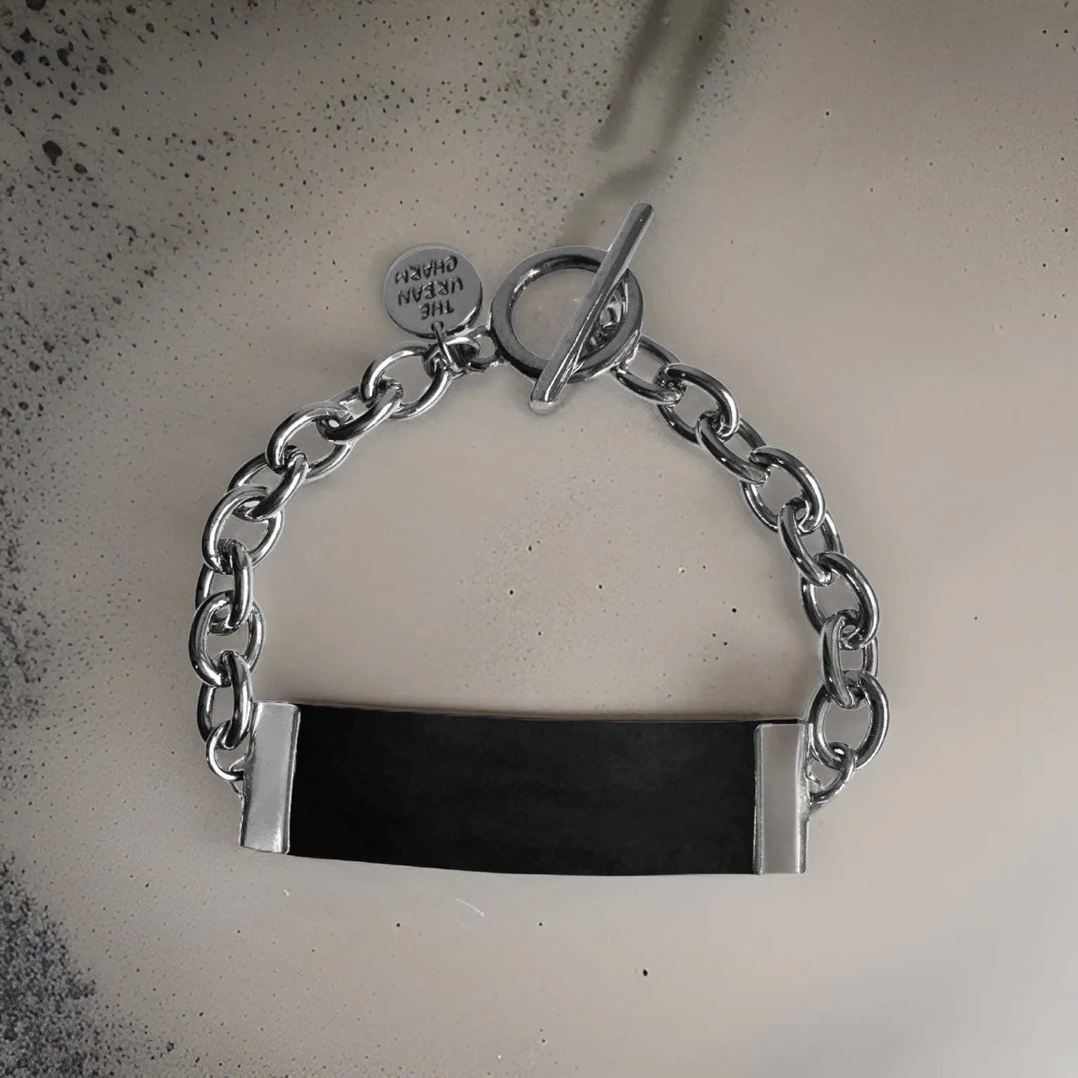 Black Leather and Chain ID Toggle Bracelet by The Urban Charm
