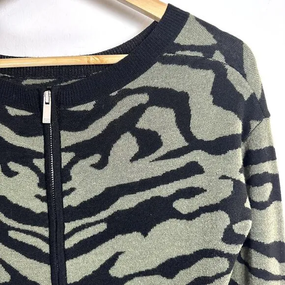 Brochu Walker Animal Print Sweater Green Black Back Zip Long Sleeve Size