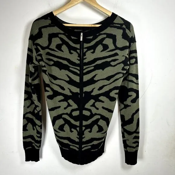 Brochu Walker Animal Print Sweater Green Black Back Zip Long Sleeve Size