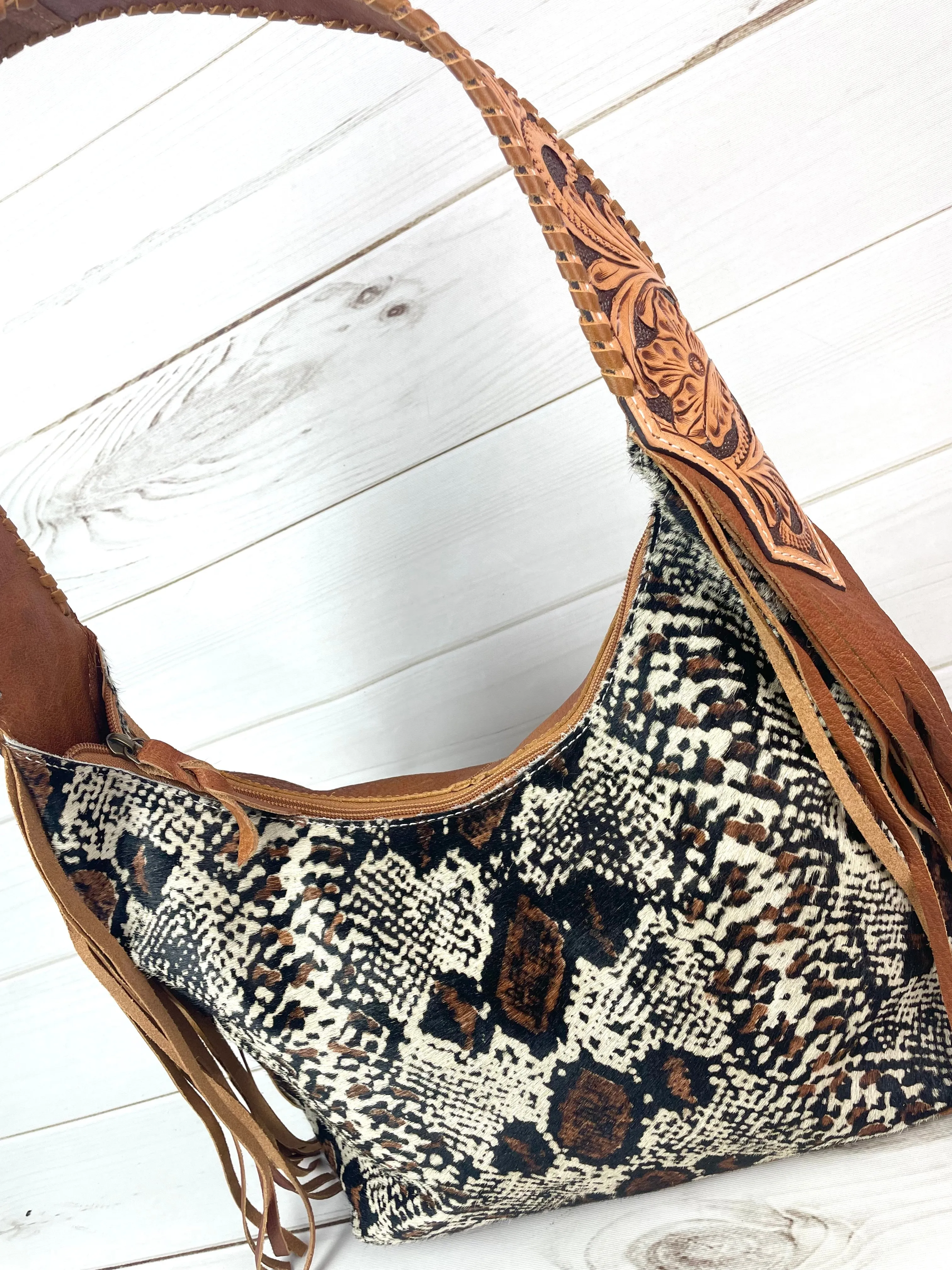 Brown and Cream Snake Pattern on Hide Hobo Fringe Handbag