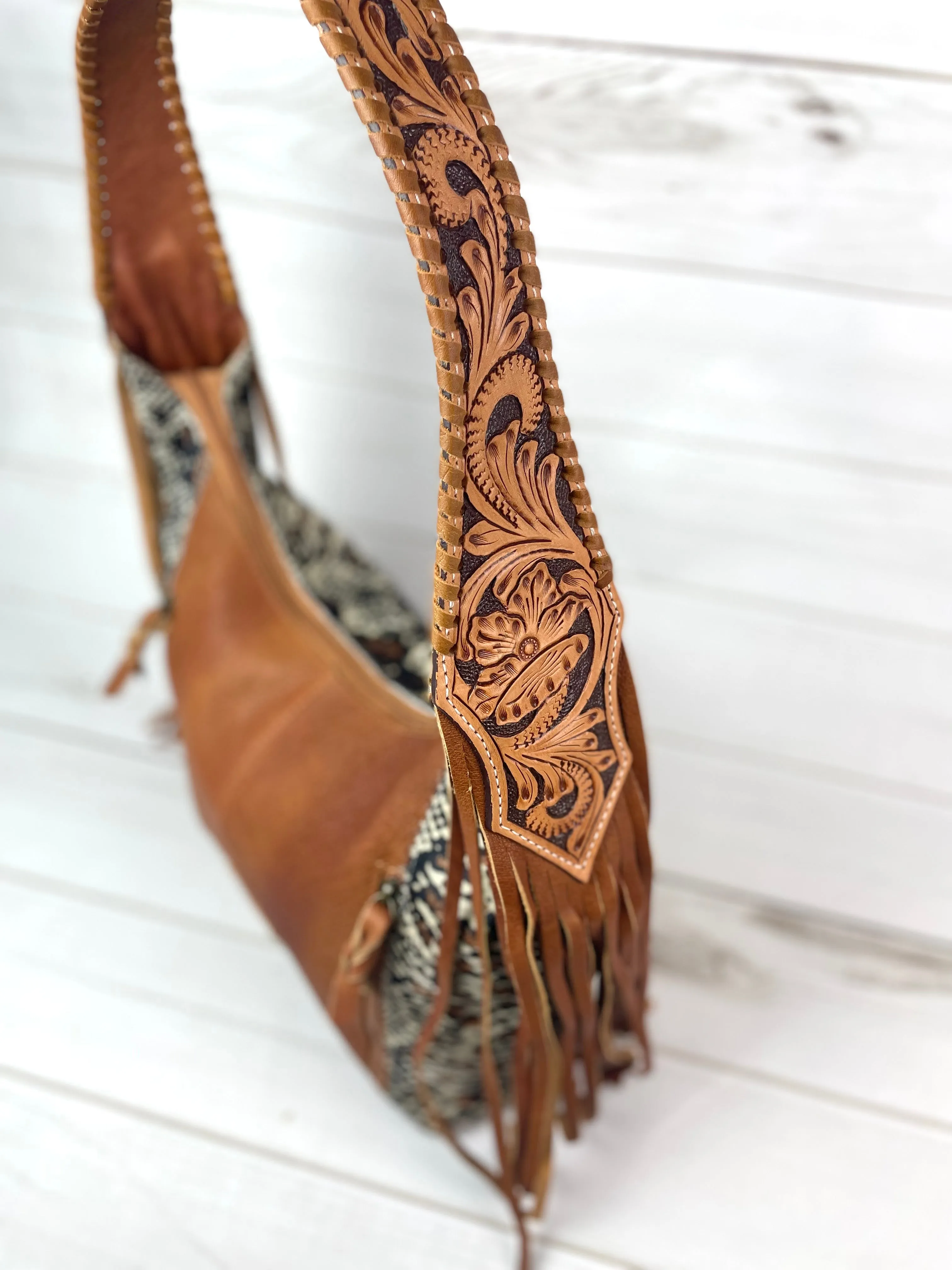 Brown and Cream Snake Pattern on Hide Hobo Fringe Handbag