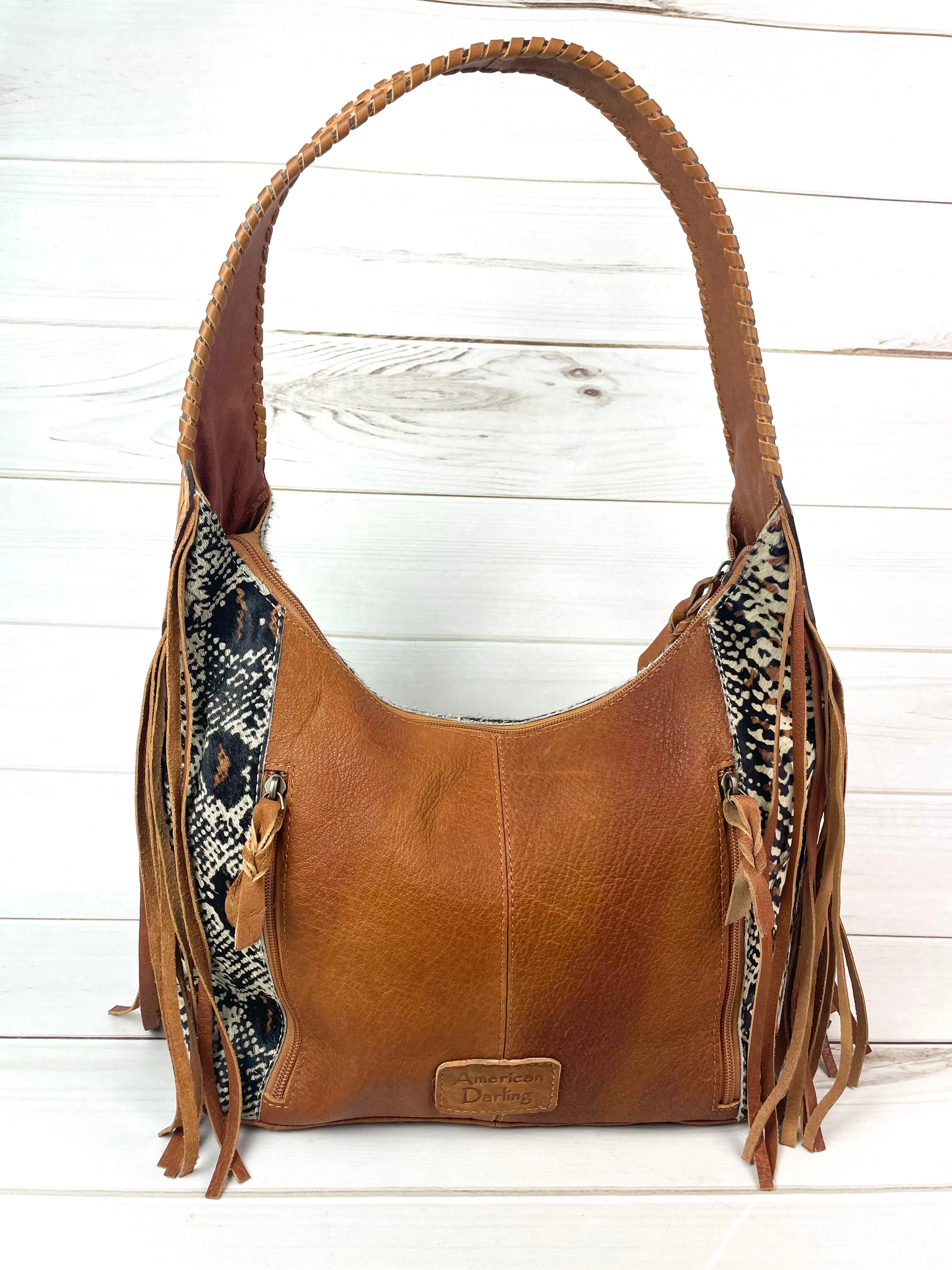 Brown and Cream Snake Pattern on Hide Hobo Fringe Handbag