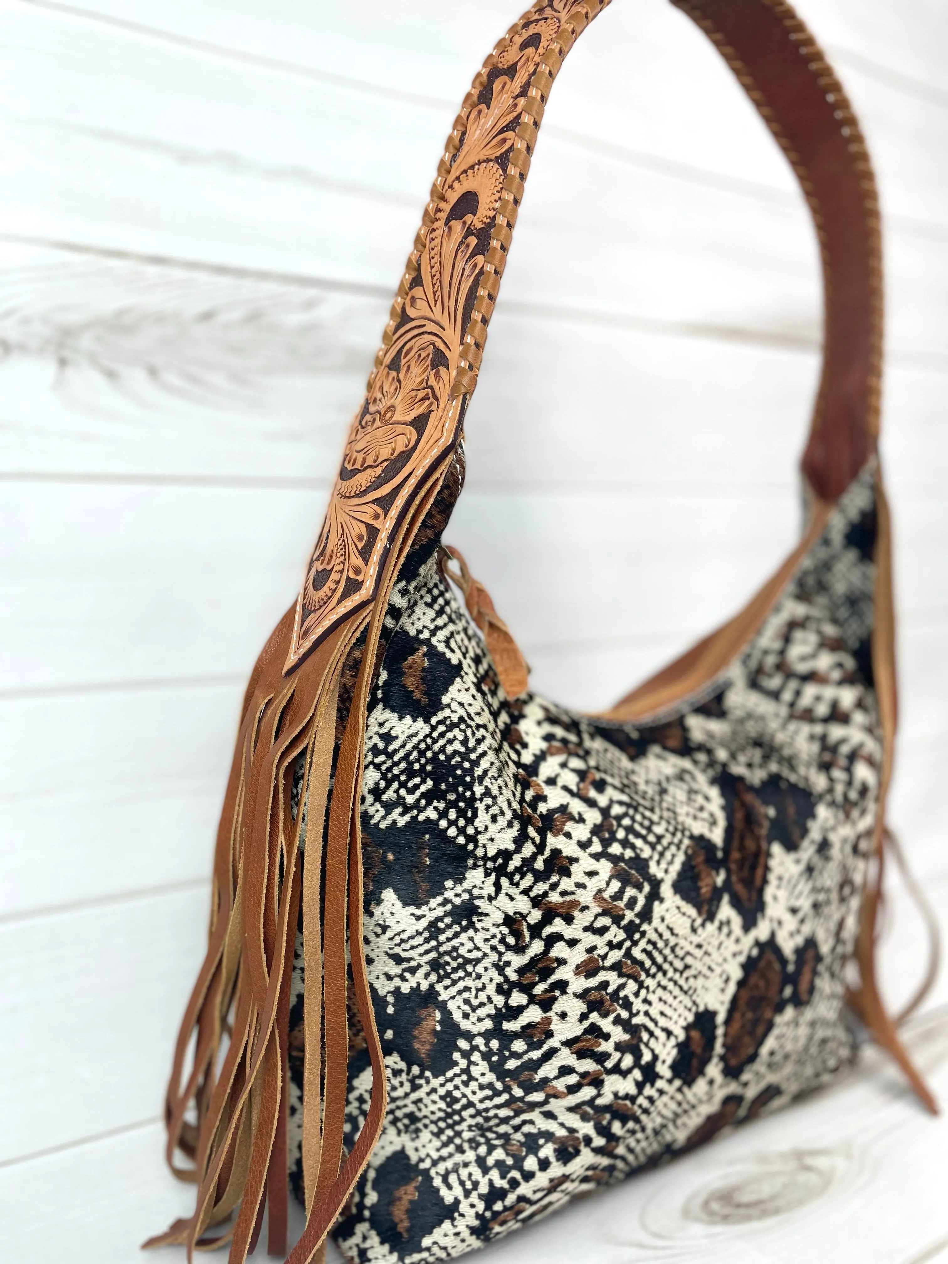 Brown and Cream Snake Pattern on Hide Hobo Fringe Handbag