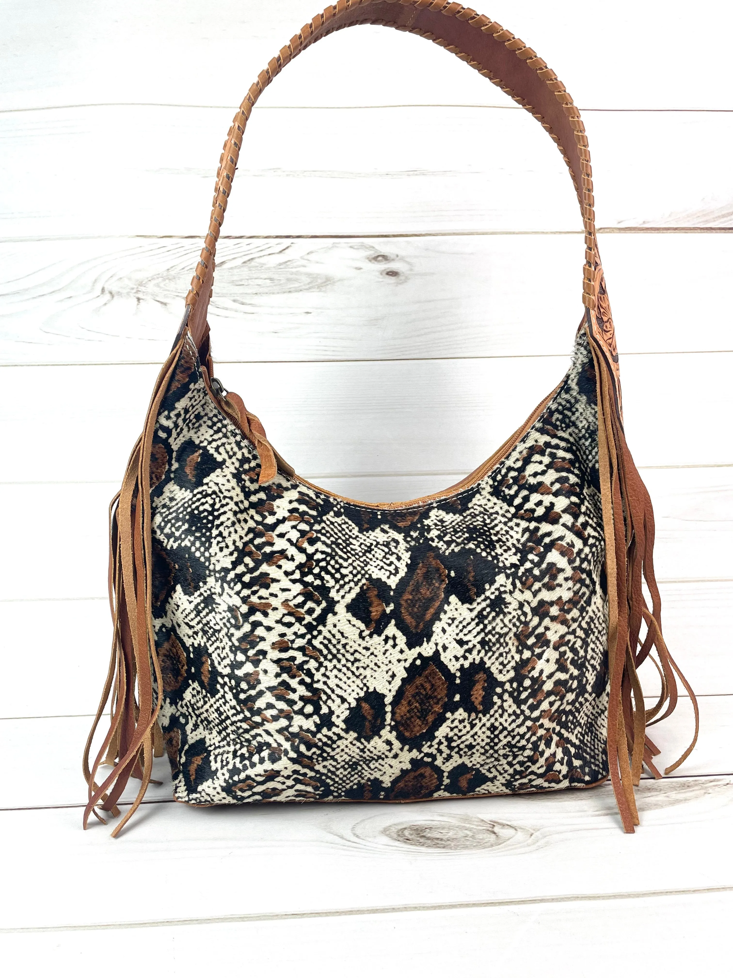Brown and Cream Snake Pattern on Hide Hobo Fringe Handbag