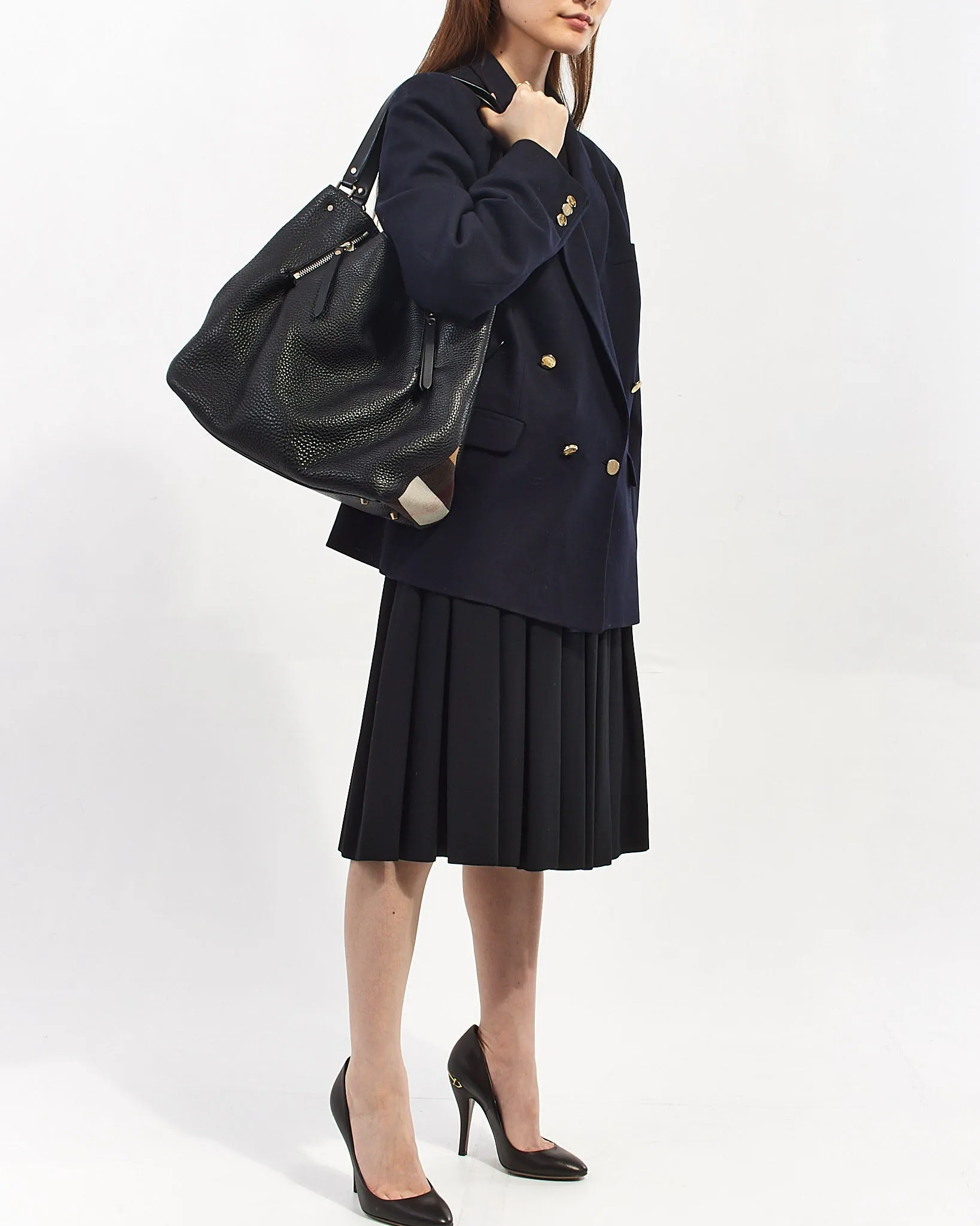 Burberry Black Leather/ Canvas Nova Check Hobo Bag