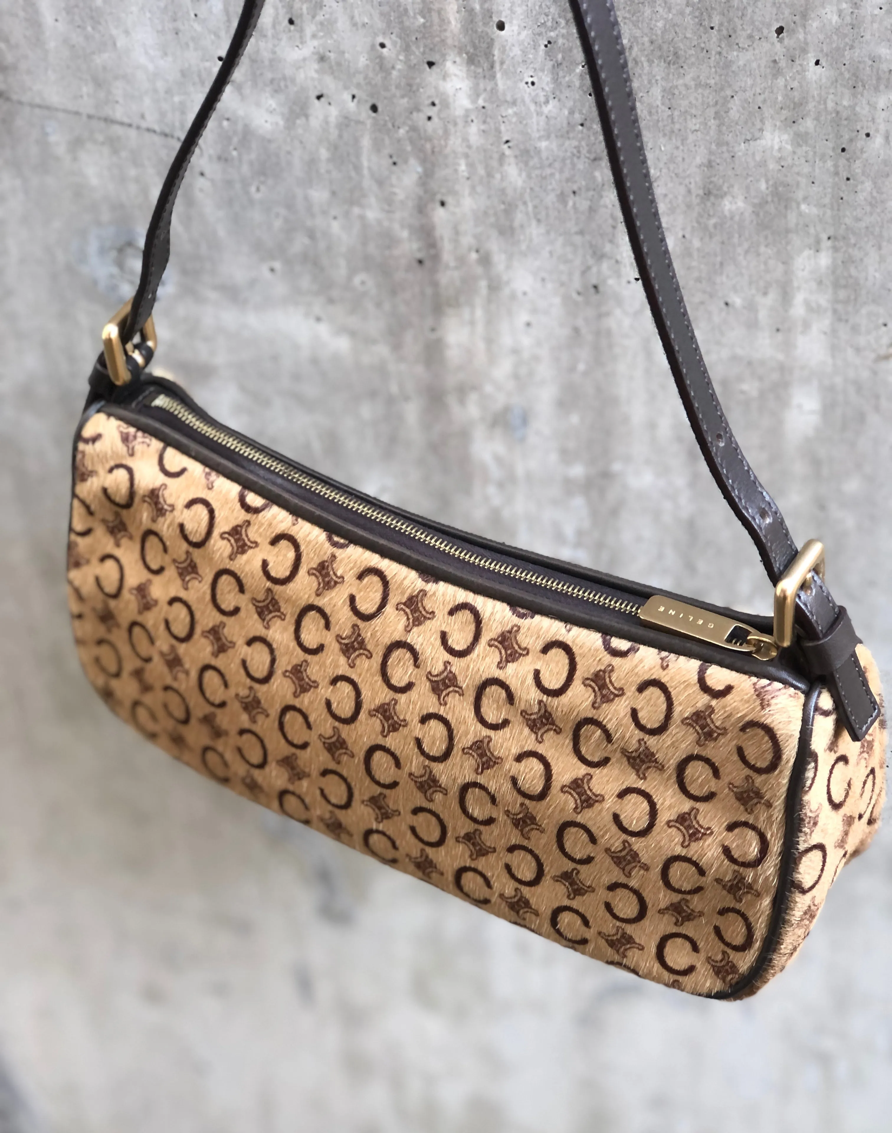 CELINE C Macadam Unborn Calf Handag Hobobag Beige Old Celine Vintage 4xy2gk