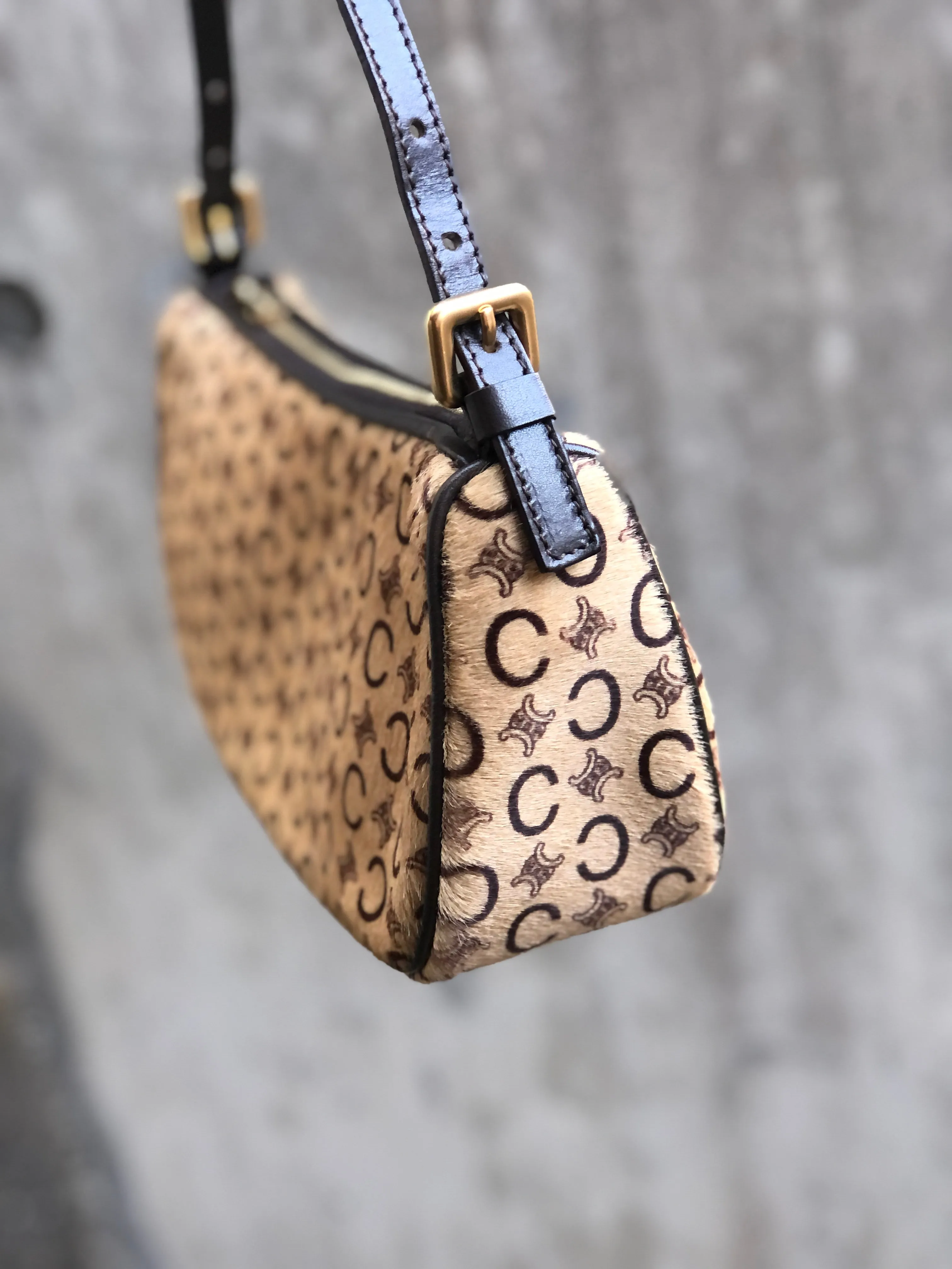 CELINE C Macadam Unborn Calf Handag Hobobag Beige Old Celine Vintage 4xy2gk