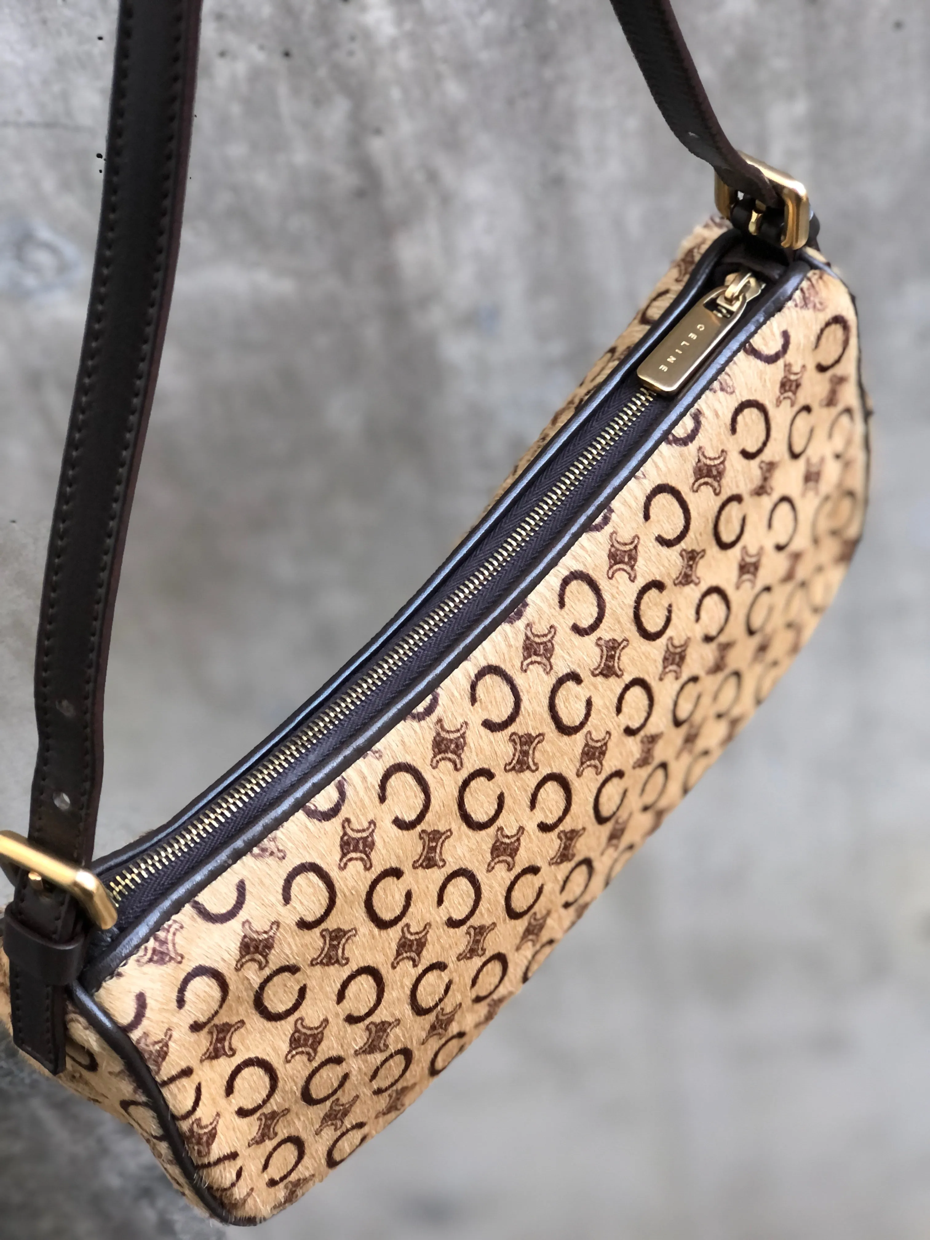 CELINE C Macadam Unborn Calf Handag Hobobag Beige Old Celine Vintage 4xy2gk