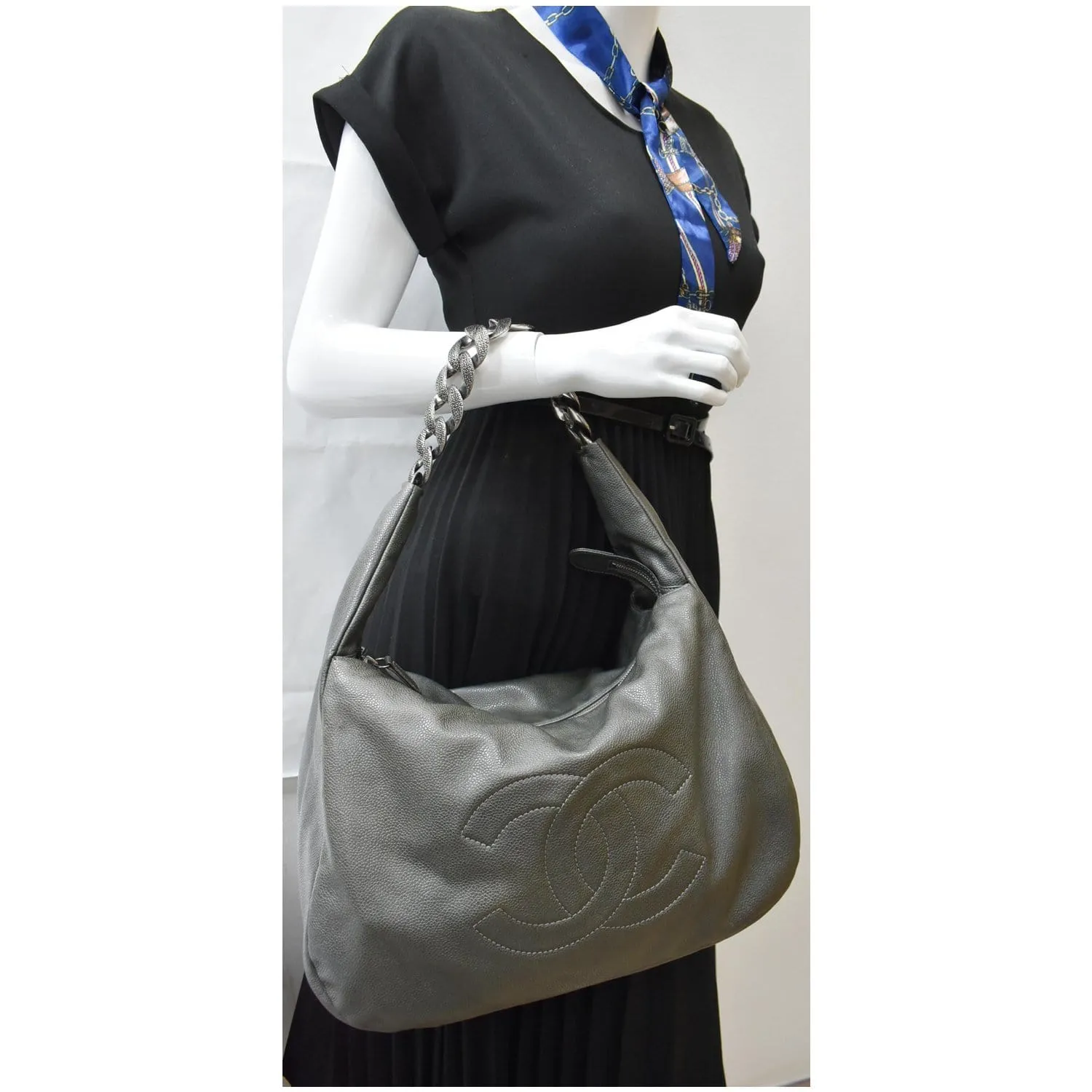 CHANEL 31 Small CC Caviar Leather Hobo Bag Grey