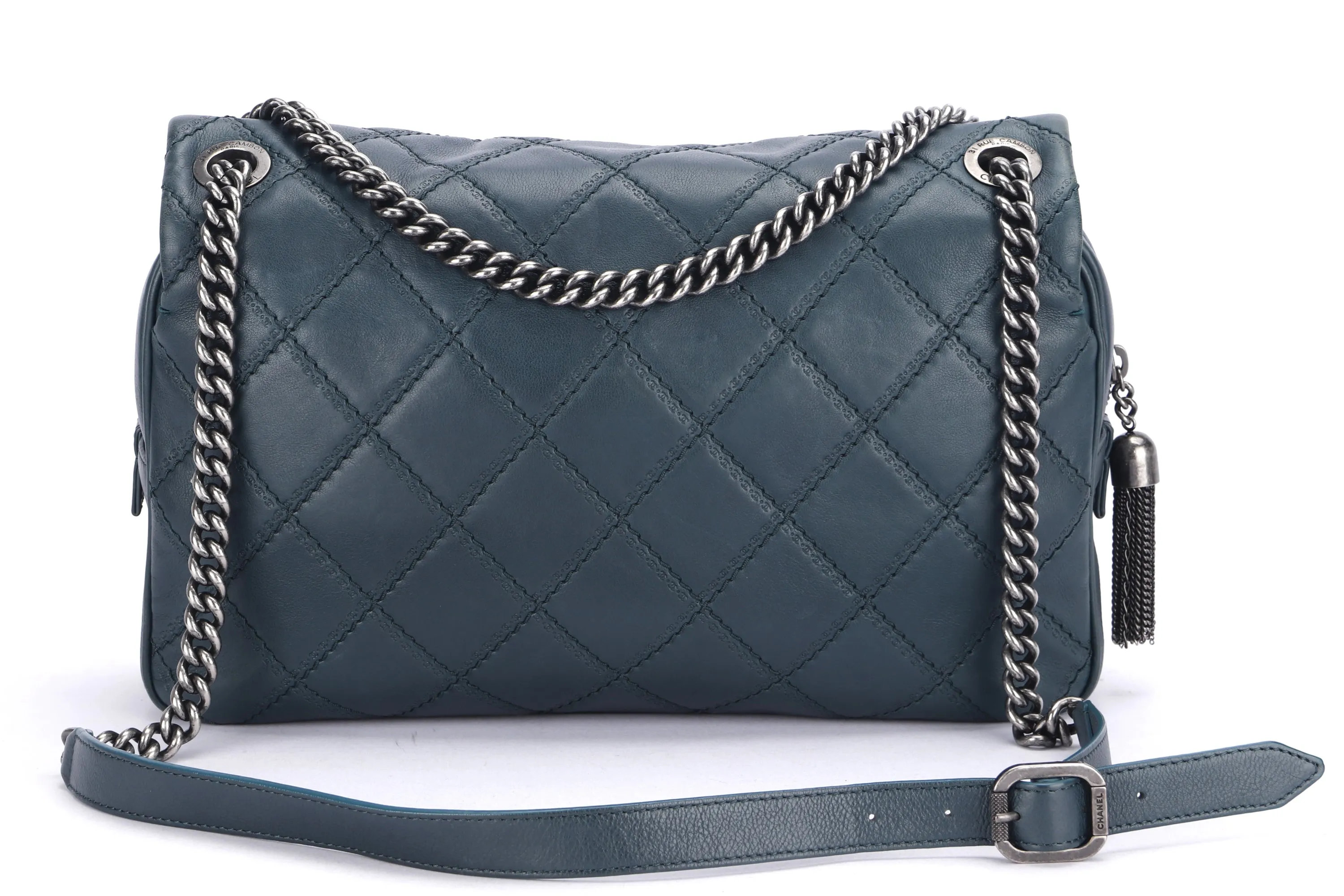 CHANEL COCO SPORRAN FLAP (1818xxxx) JUMBO DARK GREEN QUILTED CALFSKIN RUTHENLUM HARDWARE, WITH DUST COVER & BOX, NO CARD