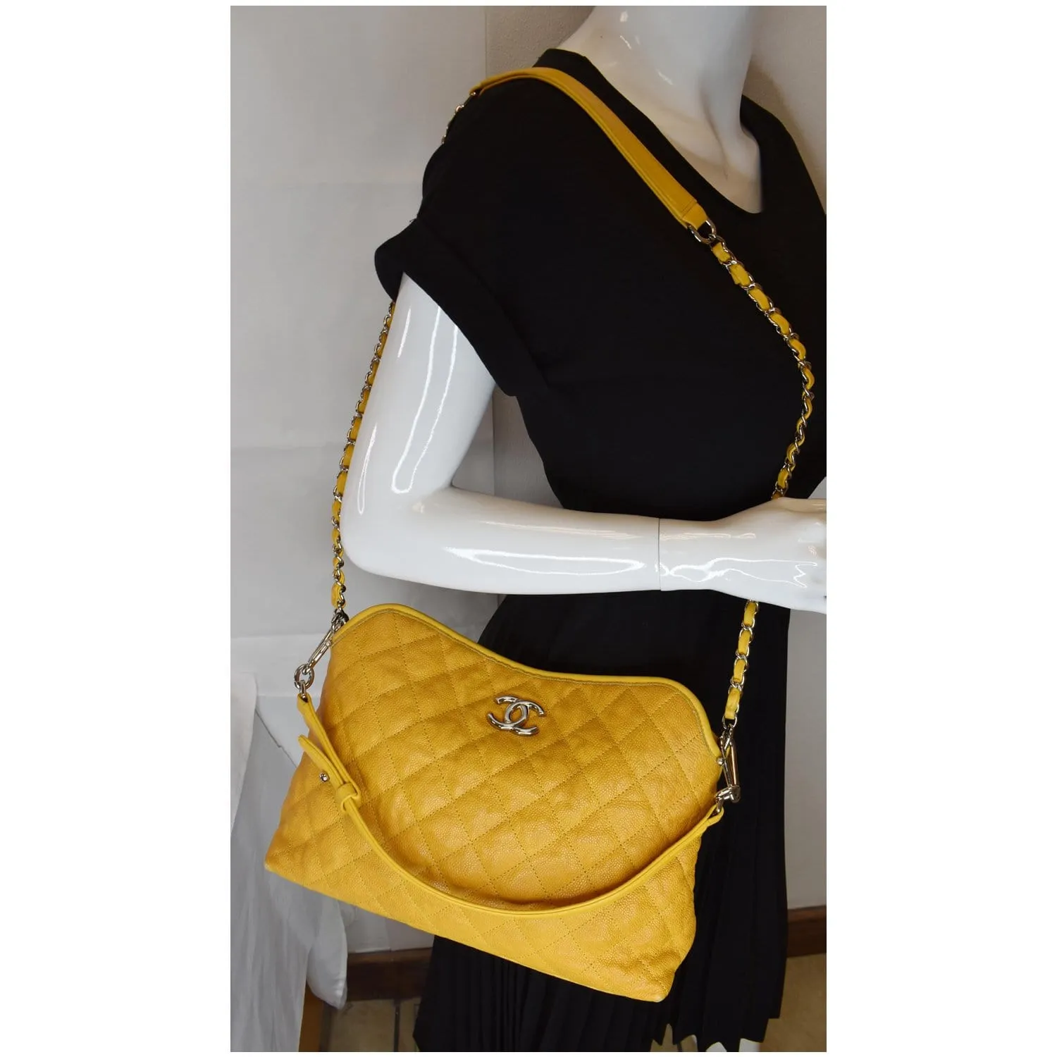 CHANEL French Riviera Quilted Caviar Leather Hobo Bag Yellow