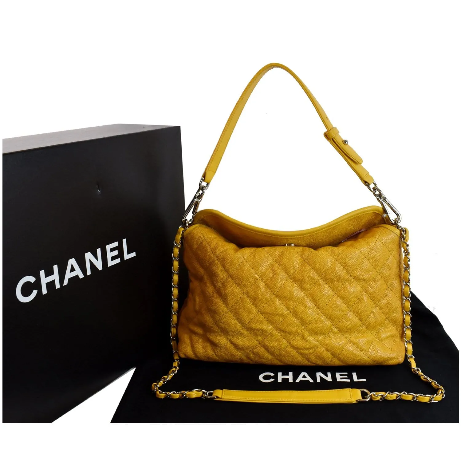 CHANEL French Riviera Quilted Caviar Leather Hobo Bag Yellow