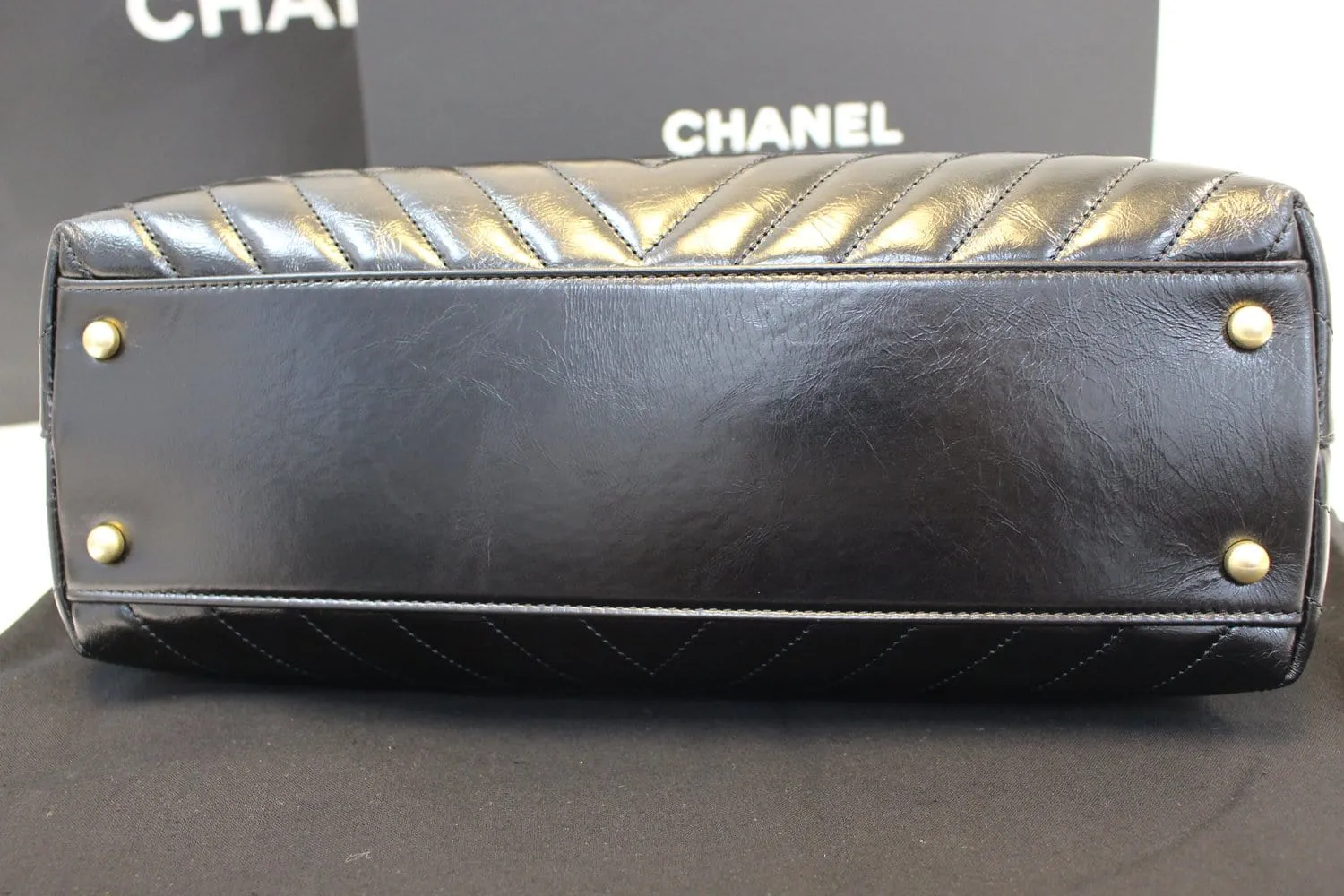 CHANEL Handle Bag Black Leather Quilted Lambskin Chevron Top