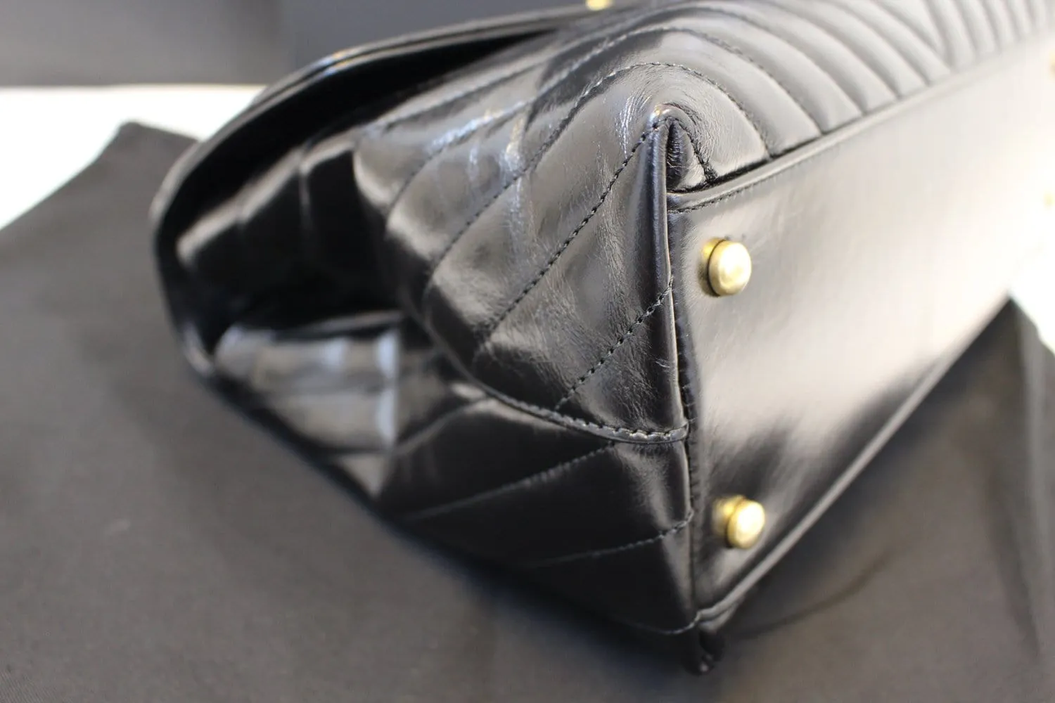 CHANEL Handle Bag Black Leather Quilted Lambskin Chevron Top
