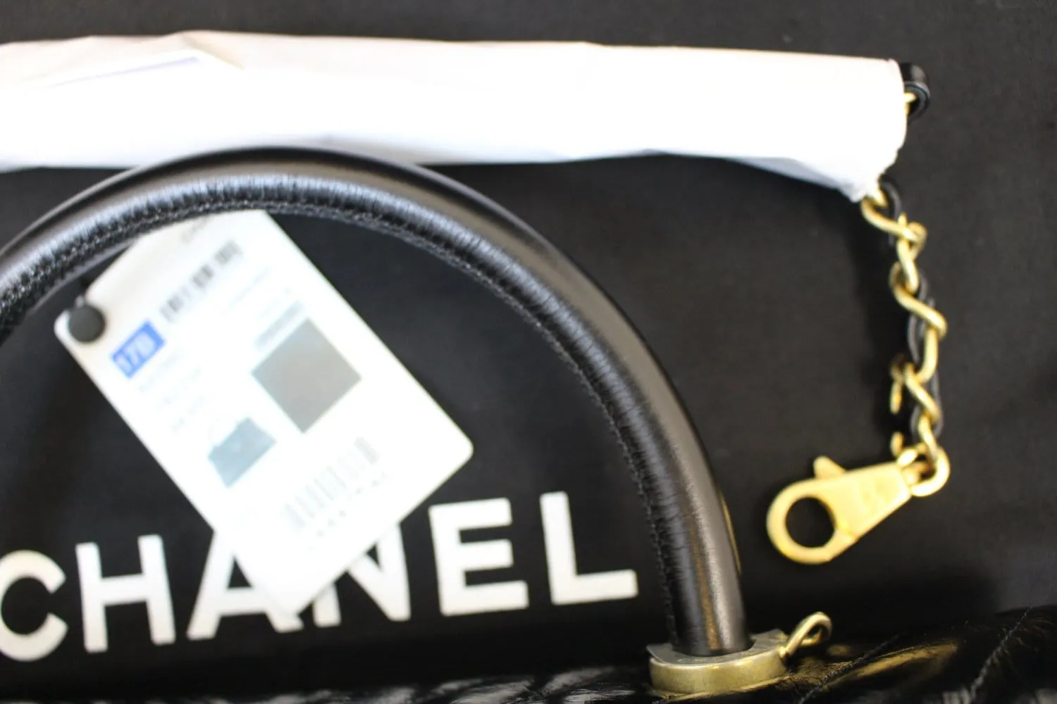 CHANEL Handle Bag Black Leather Quilted Lambskin Chevron Top