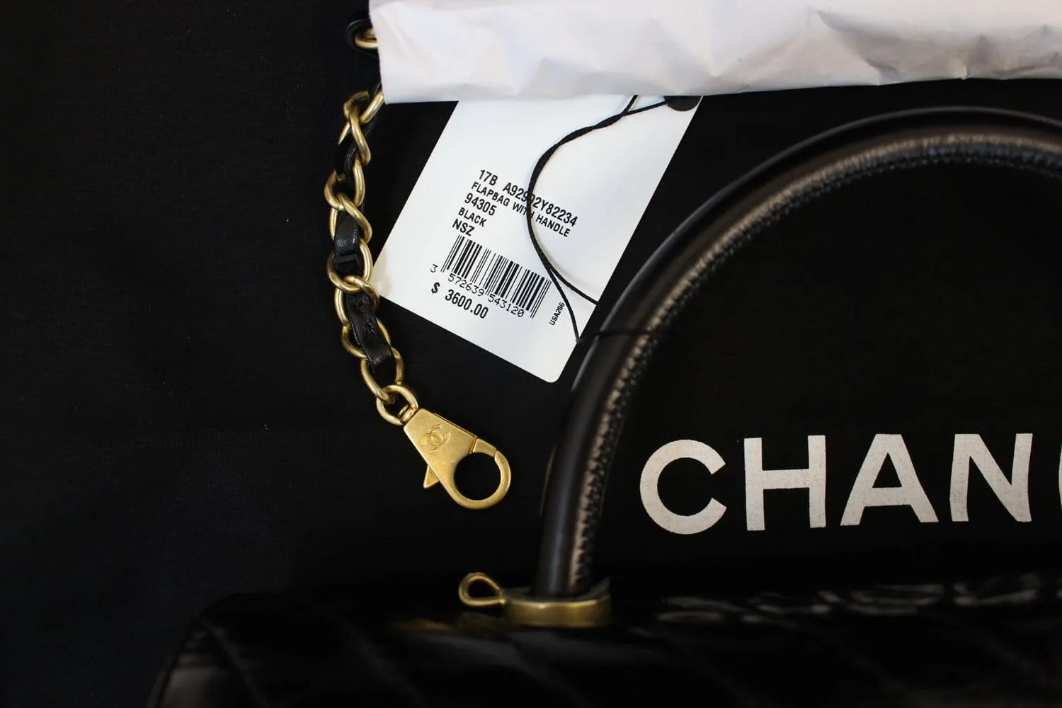 CHANEL Handle Bag Black Leather Quilted Lambskin Chevron Top
