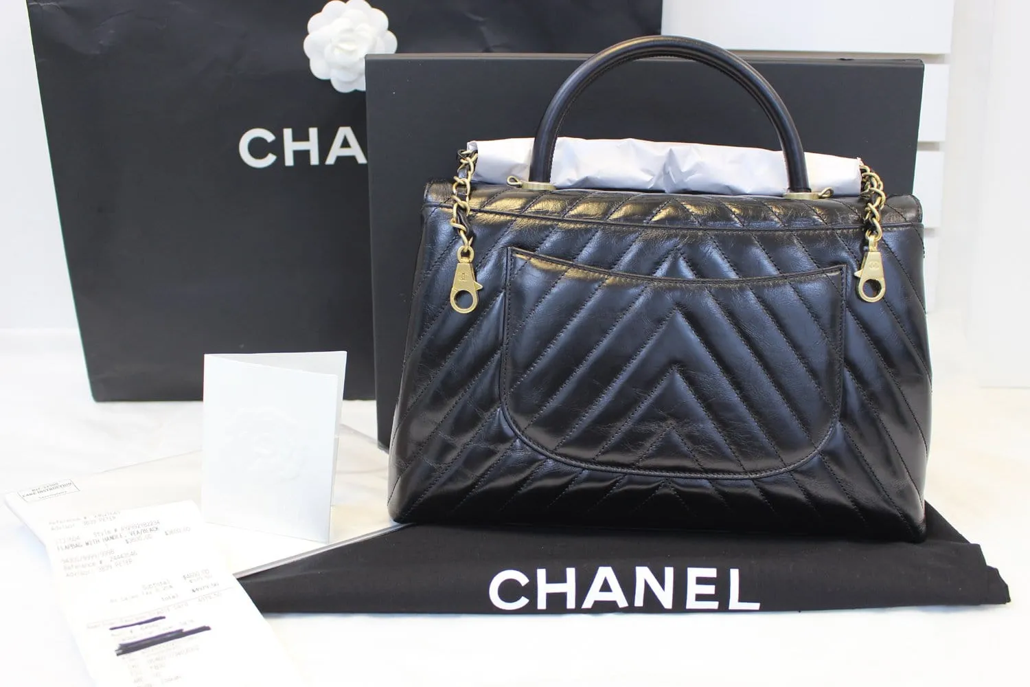 CHANEL Handle Bag Black Leather Quilted Lambskin Chevron Top