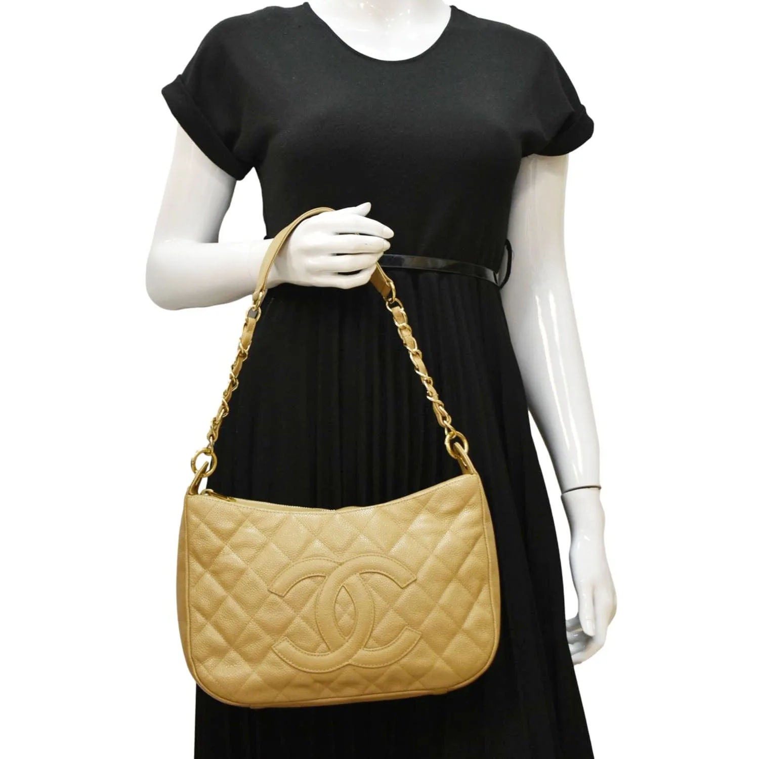 CHANEL Vintage Half Moon Quilted Caviar Leather Hobo Bag Dark Beige
