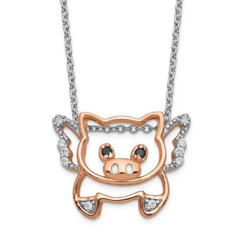 Cheryl M Sterling Silver Rose Gold Plated CZ Flying Pig 18" Necklace