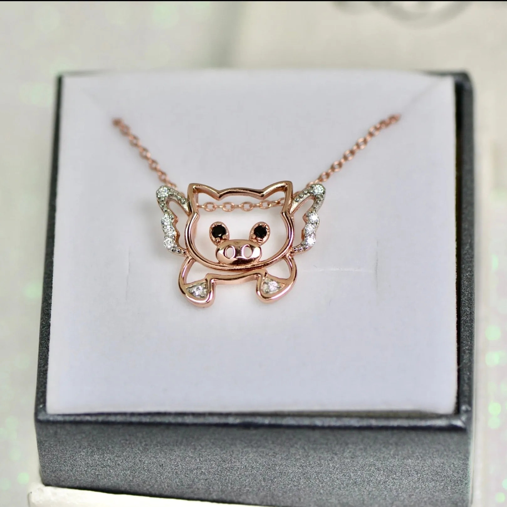Cheryl M Sterling Silver Rose Gold Plated CZ Flying Pig 18" Necklace