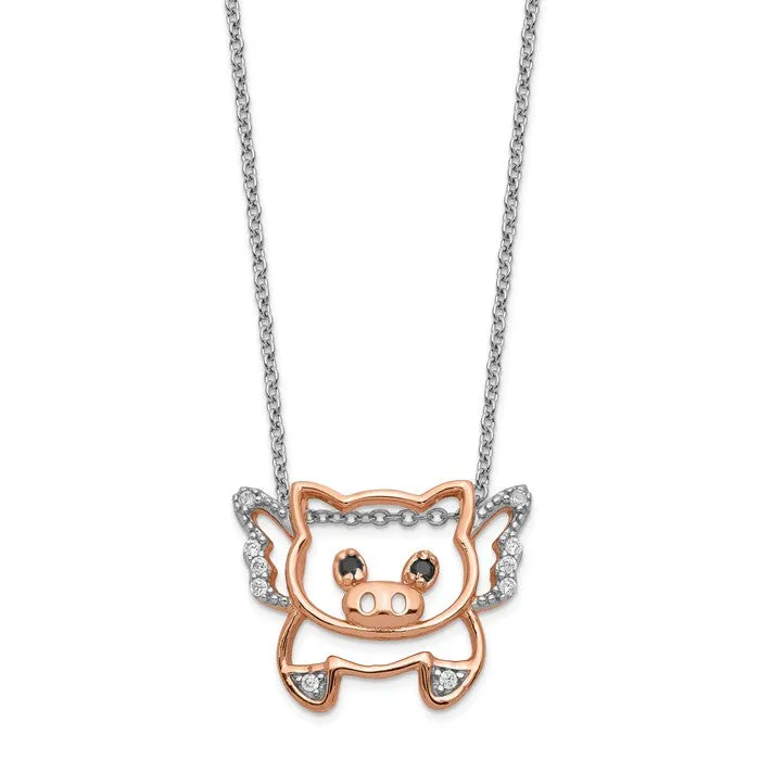 Cheryl M Sterling Silver Rose Gold Plated CZ Flying Pig 18" Necklace