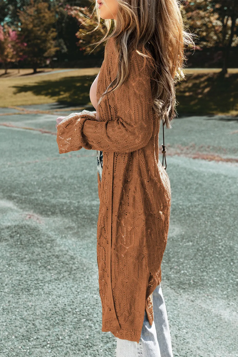 Chestnut Lightweight Textured Pattern Open Front Cardigan