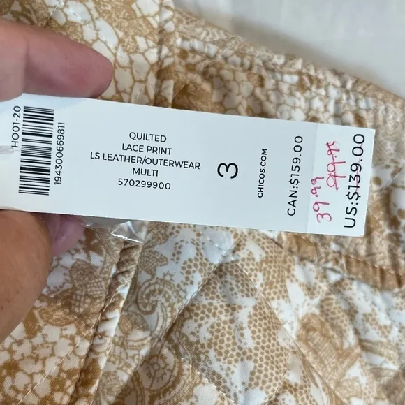 Chicos Lace Print Lightweight Quilted Jacket Womens Size XL Tan Button Down‎ NWT