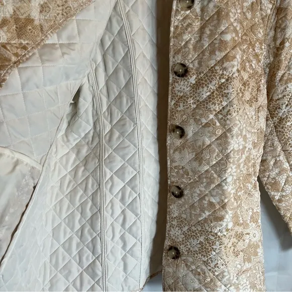 Chicos Lace Print Lightweight Quilted Jacket Womens Size XL Tan Button Down‎ NWT