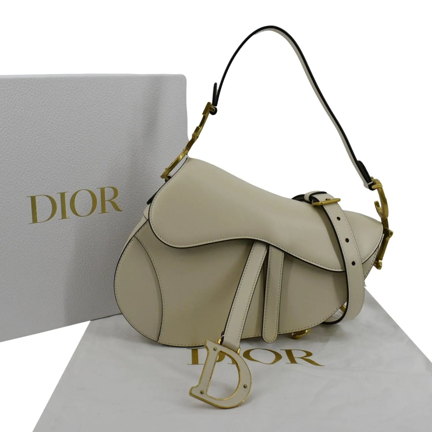 CHRISTIAN DIOR Saddle Smooth Calfskin Leather Satchel Shoulder Bag Dusty Ivory