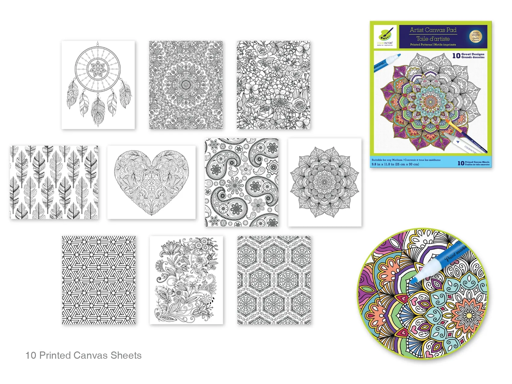 Color Factory: 9.8"x11.8" Canvas Pad w/Design Outlines 10Sheet Asst  Abstract Art