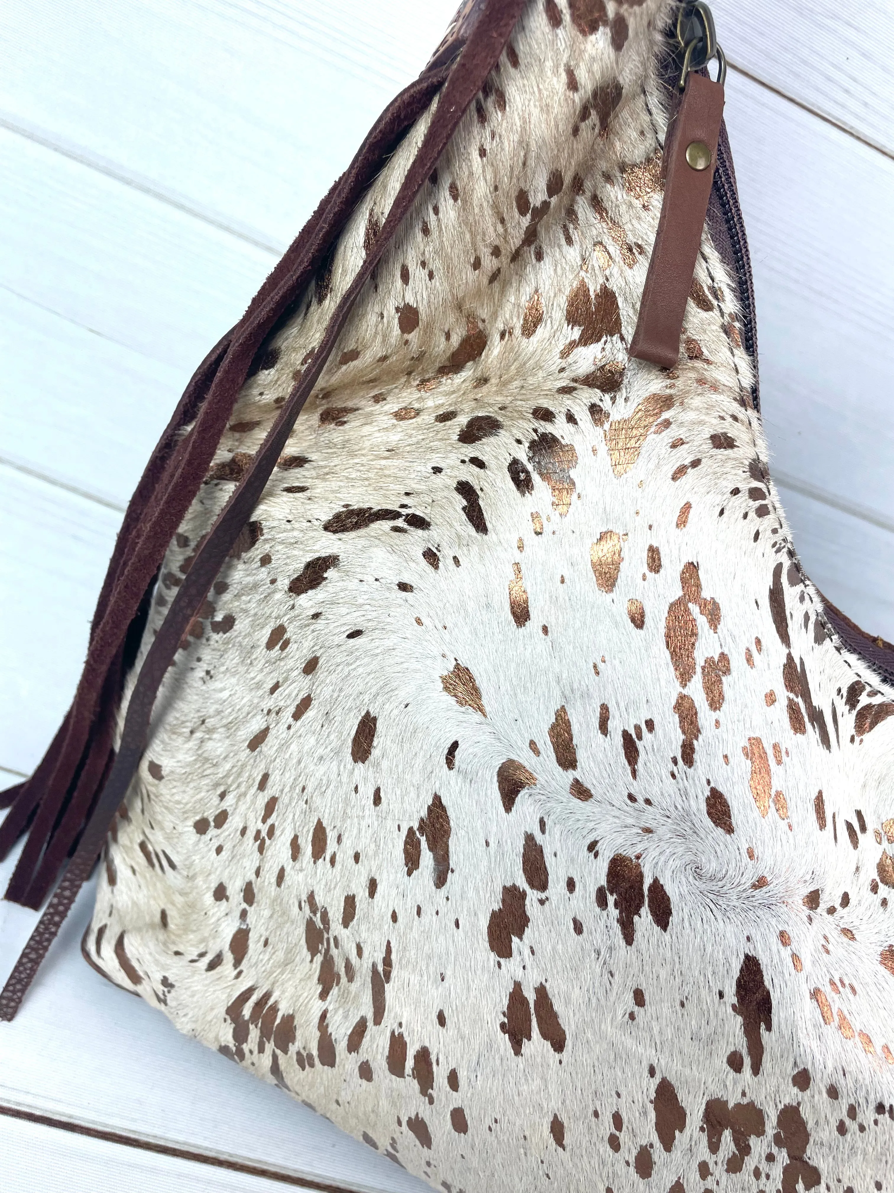 Copper Splatter on Hide Hobo Fringe Handbag