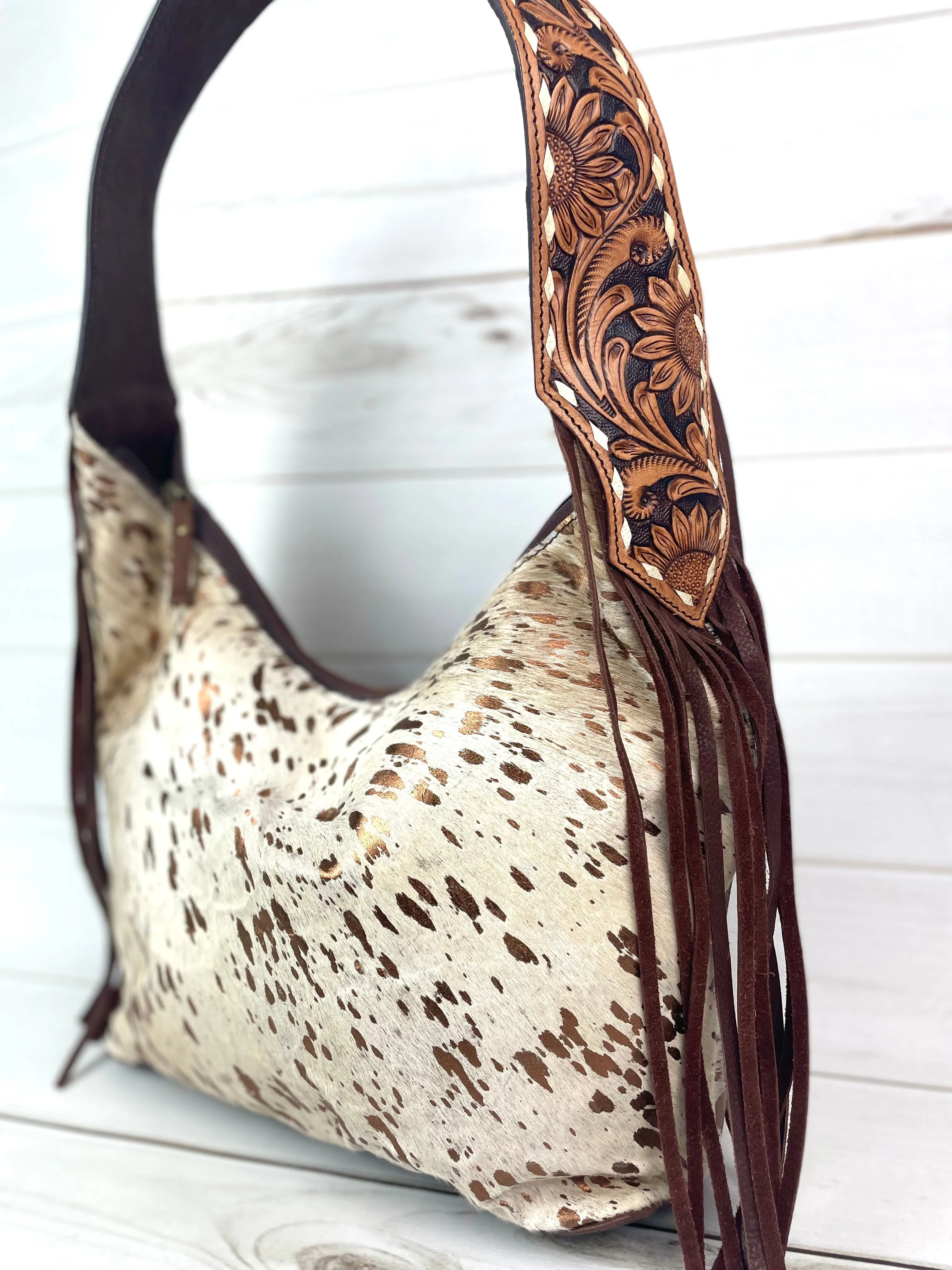 Copper Splatter on Hide Hobo Fringe Handbag