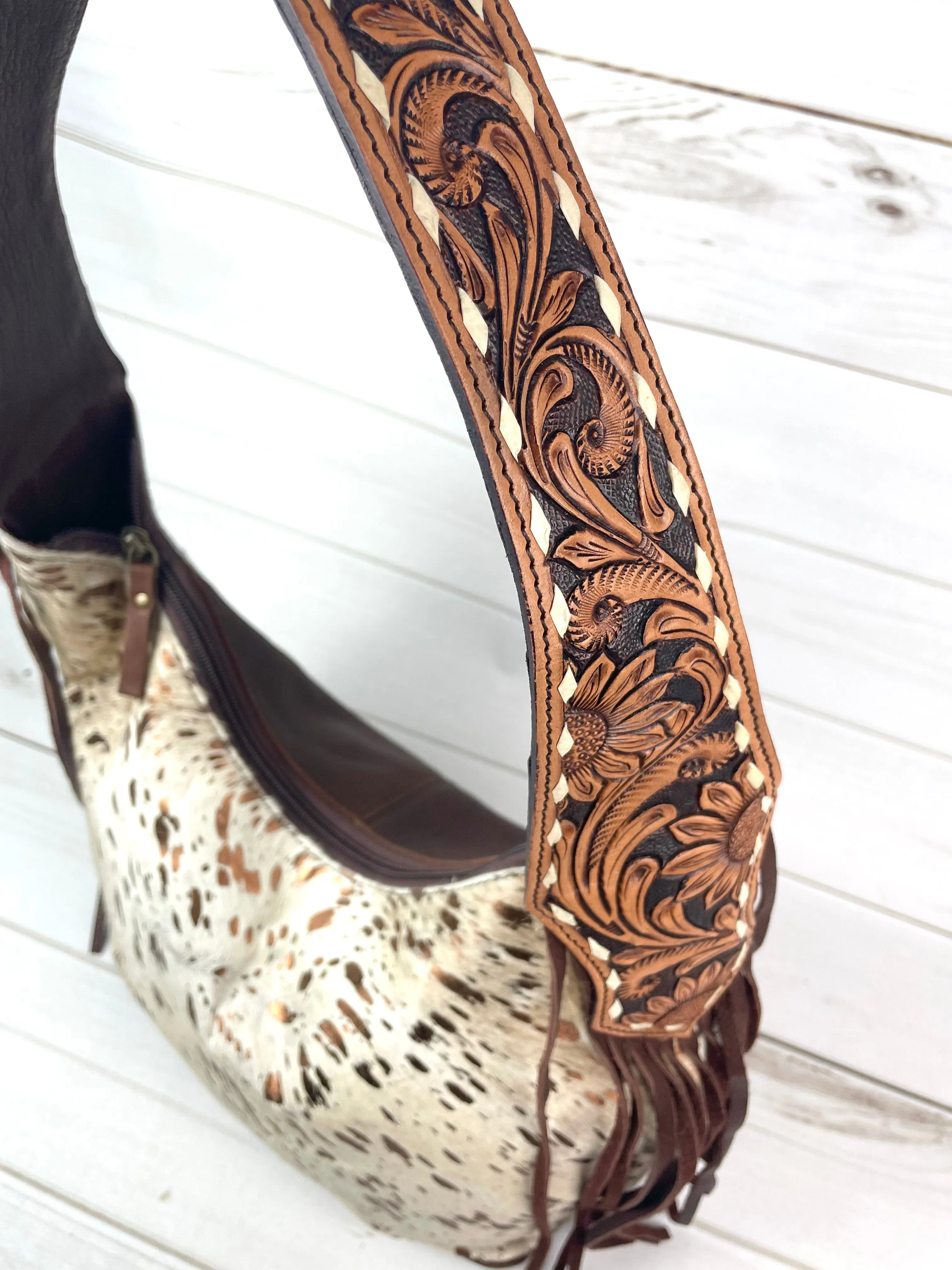Copper Splatter on Hide Hobo Fringe Handbag