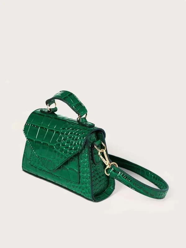 Croc Embossed Patent Satchel Bag - Dark green - FD ⚡