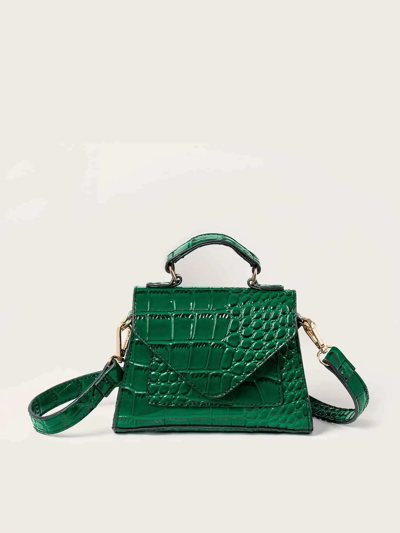Croc Embossed Patent Satchel Bag - Dark green - FD ⚡