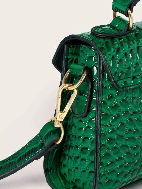 Croc Embossed Patent Satchel Bag - Dark green - FD ⚡