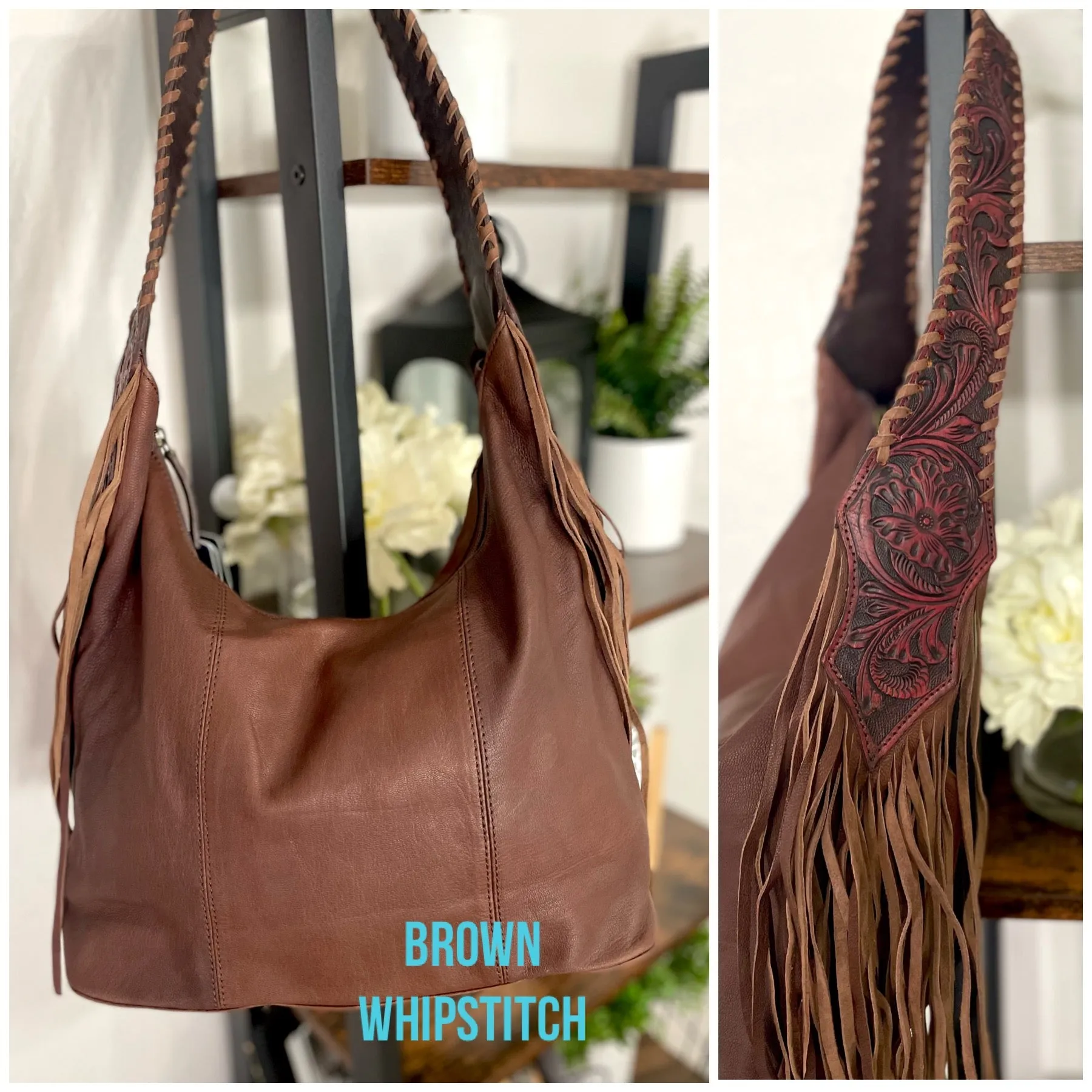 Dark Distressed Leather Hobo Fringe Tooled Handbag