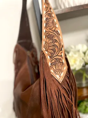 Dark Distressed Leather Hobo Fringe Tooled Handbag